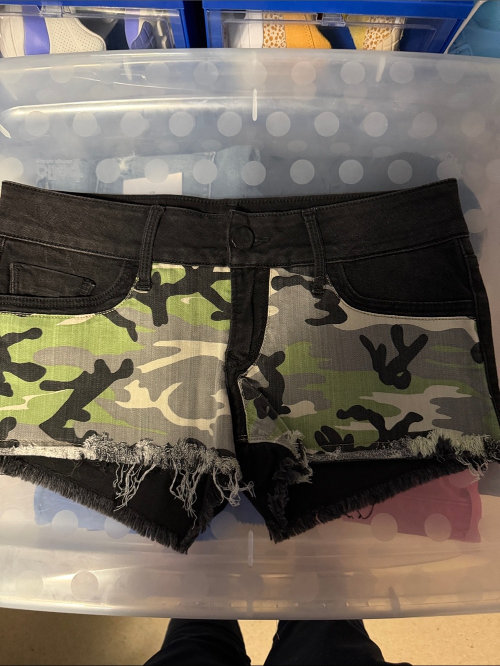 Black Orchid Black Denim Shorts with Green Camo Panels